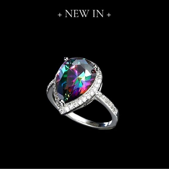 New Exclusively Fancy Mystic Rainbow Teardrop Cut .925 Sterling Silver Ring w CZ - Picture 3 of 10